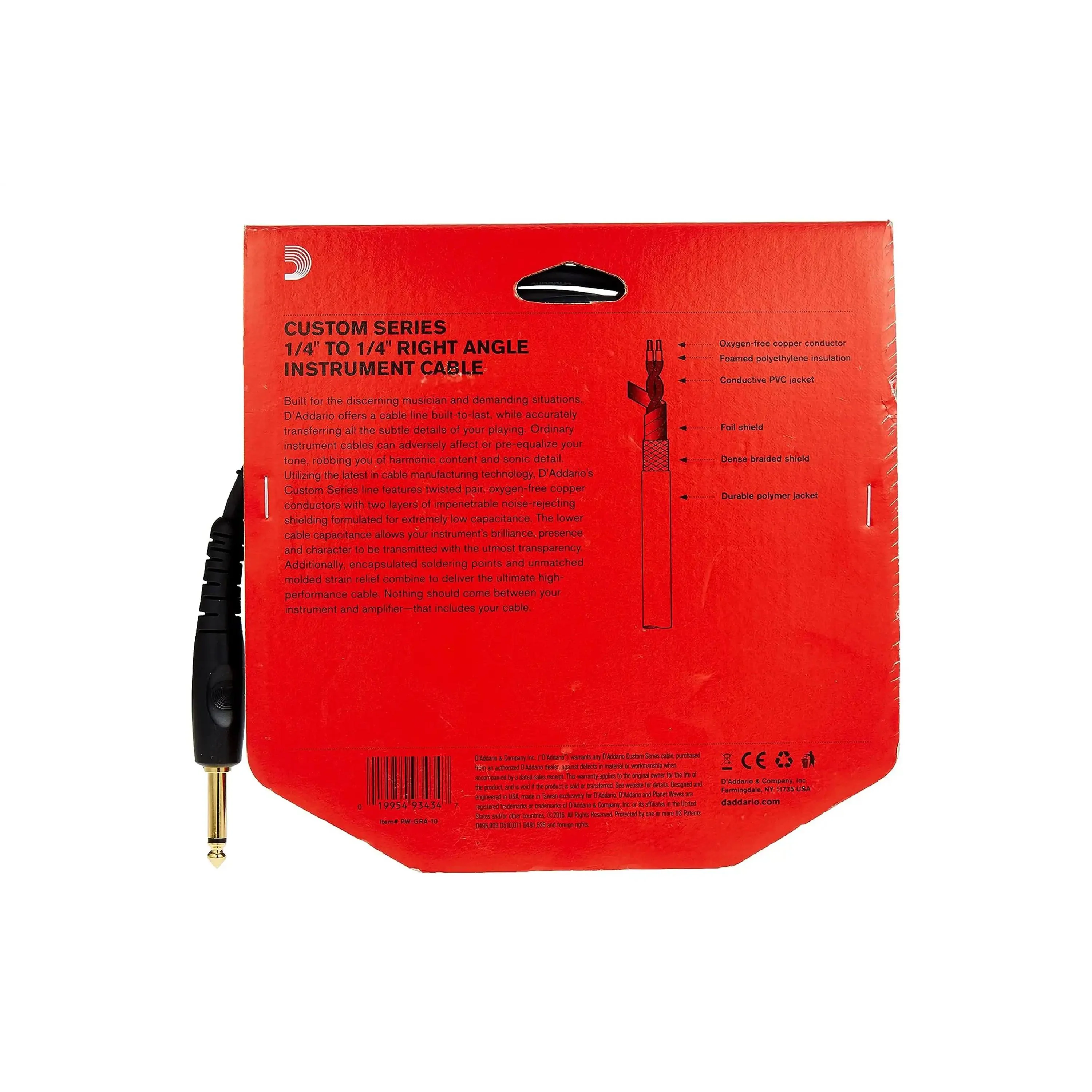 D'Addario PW-GRA-10 Custom Series Straight to Right Angle Instrument Cable - 10 foot - Image 2