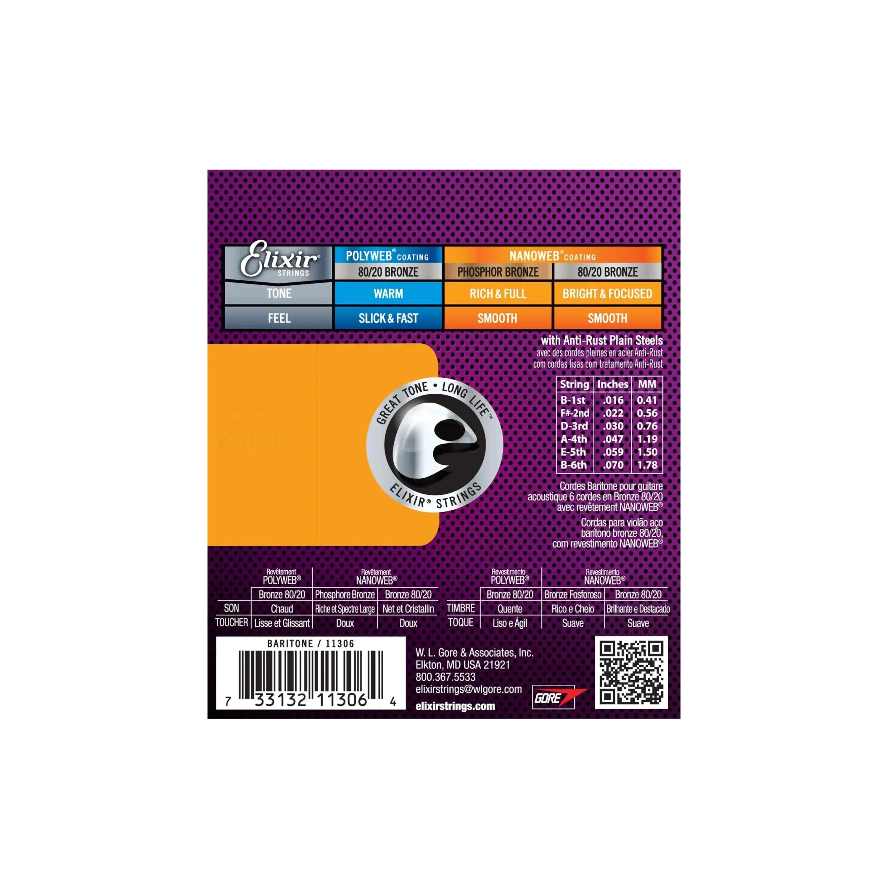 Elixir 11306 Nanoweb 80/20 Bronze Acoustic 6-String Baritone Guitar Strings - .016-.070 - Image 2