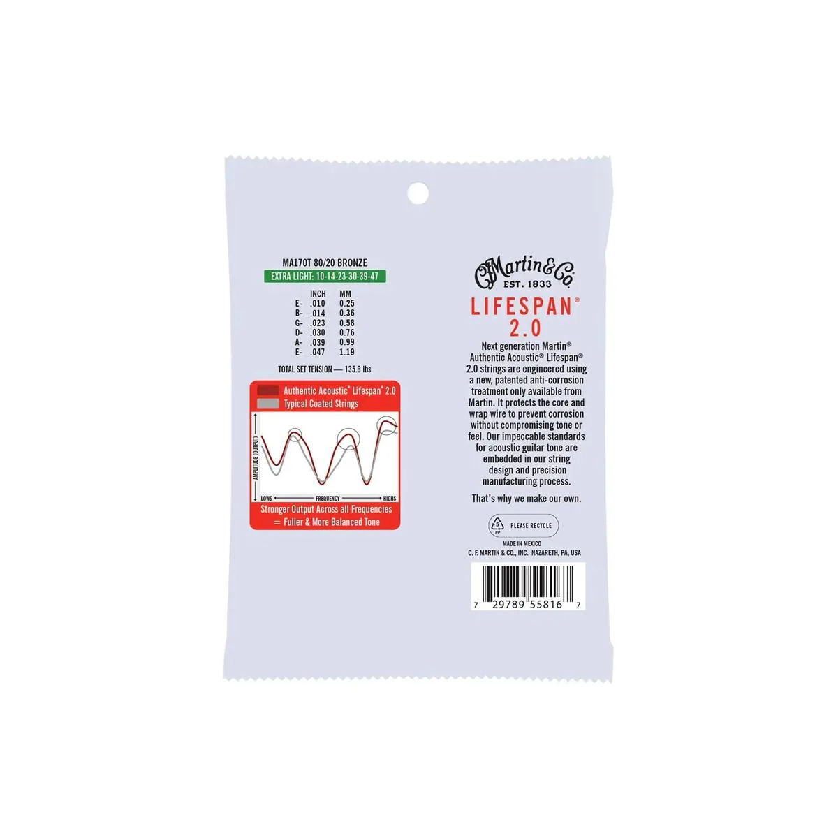 Martin MA170T 80/20 Bronze Lifespan 2.0 Authentic Acoustic Guitar Strings - Extra Light .010-.047 - Image 2