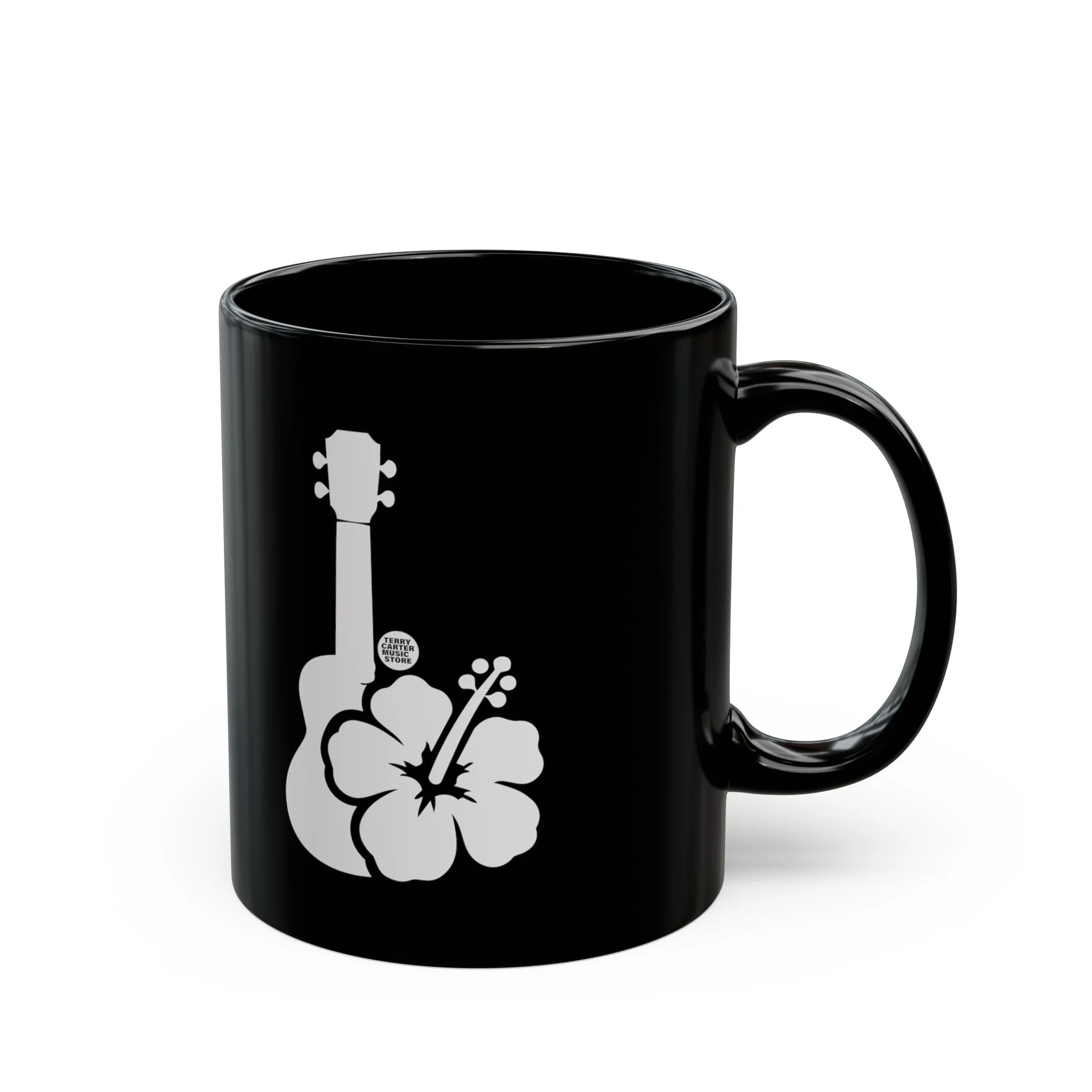 Ukulele Musician Black Ceramic Mug with Hibiscus - 11oz & 15oz