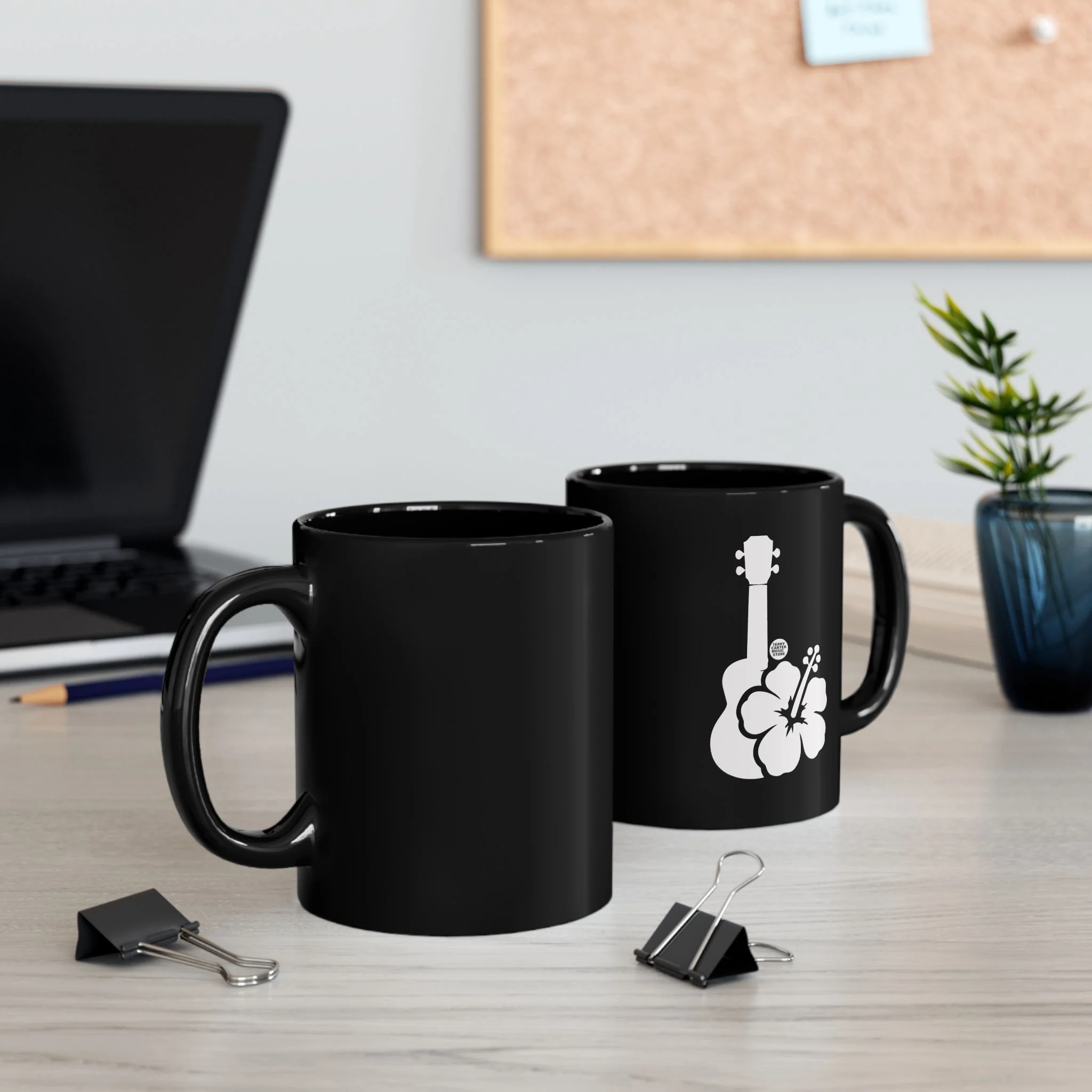 Ukulele Musician Black Ceramic Mug with Hibiscus - 11oz & 15oz - Image 7