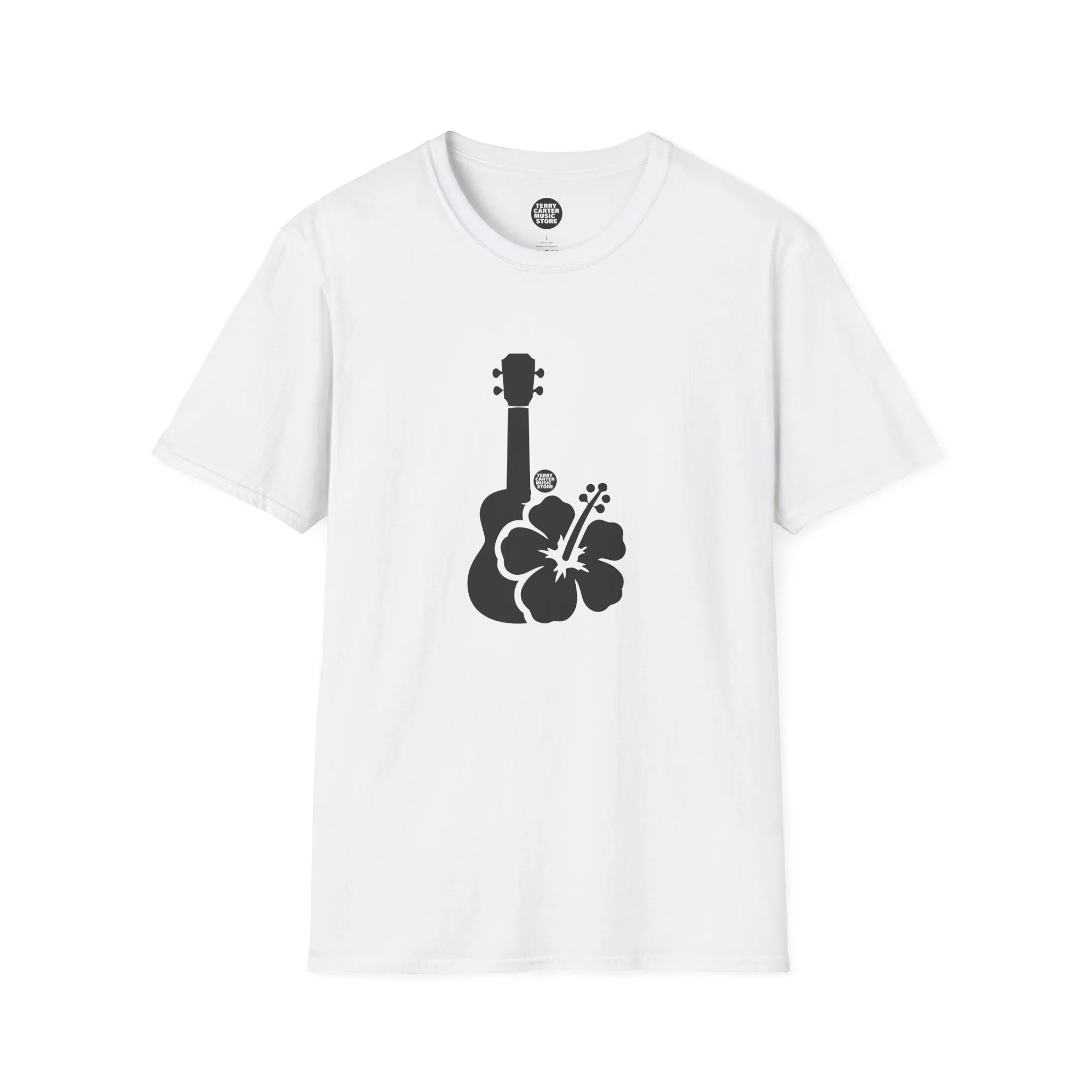 Ukulele Musician T-Shirt with Hibiscus - Black Logo