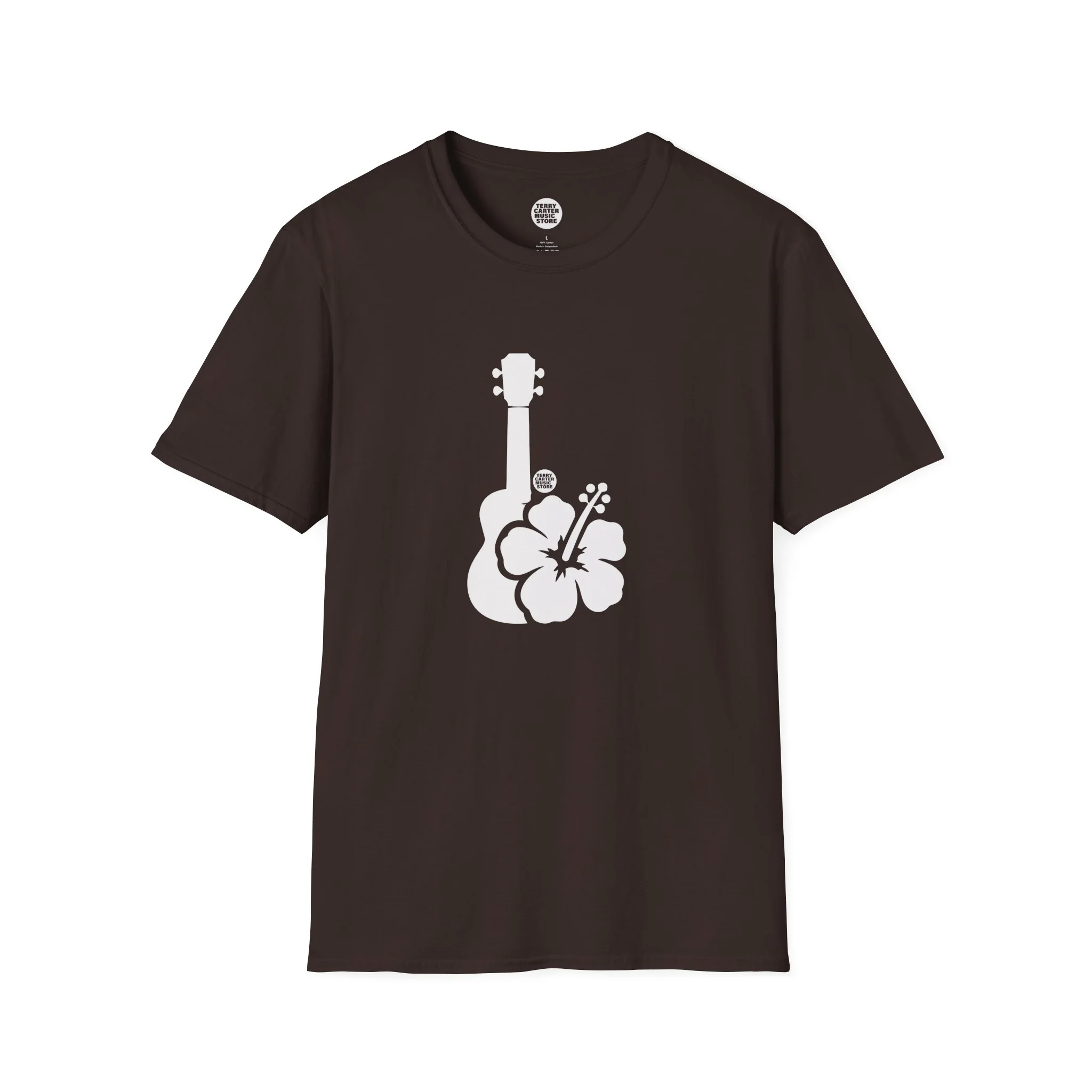 Ukulele Musician T-Shirt with Hibiscus - White Logo - Image 3